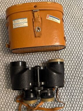 Vintage Black Binoculars with Tan Leather Case